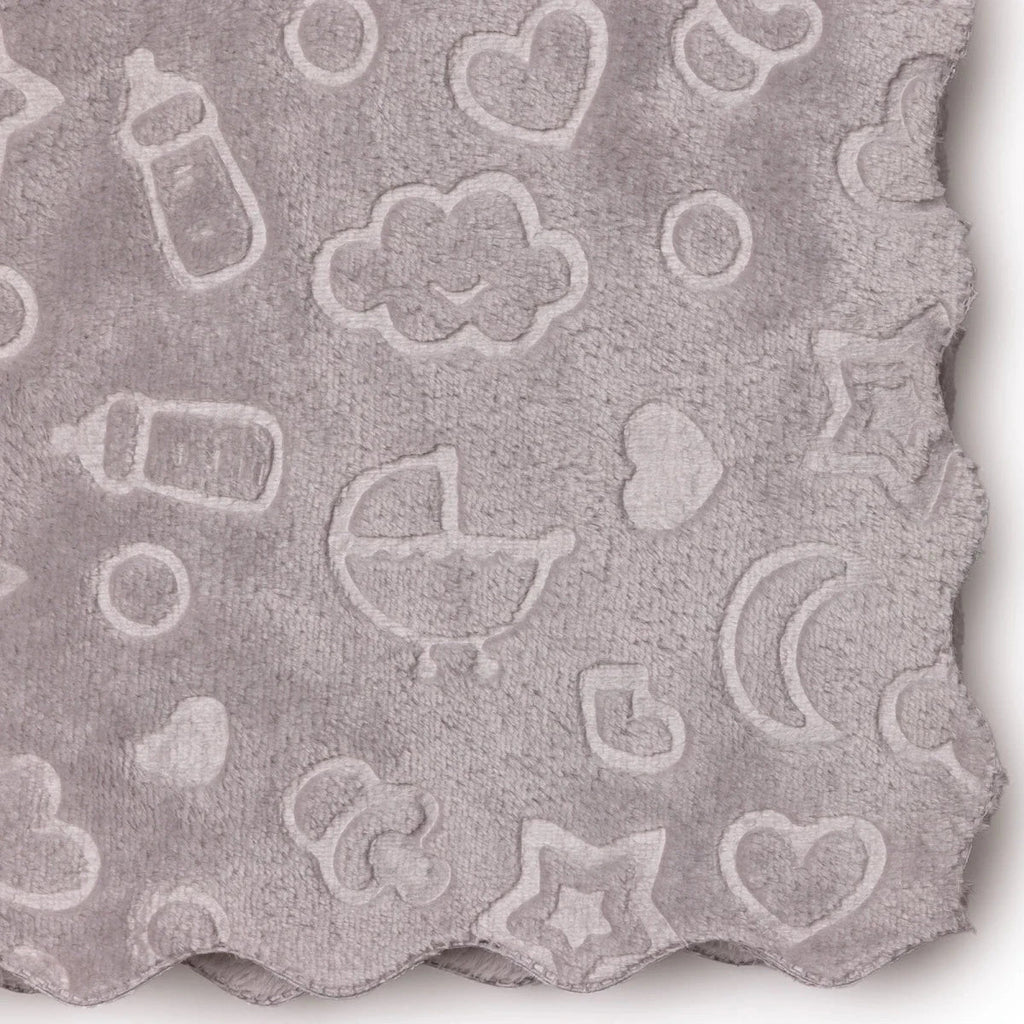 Grey sky-themed printed baby blanket fabric with raised icons, soft fleece texture