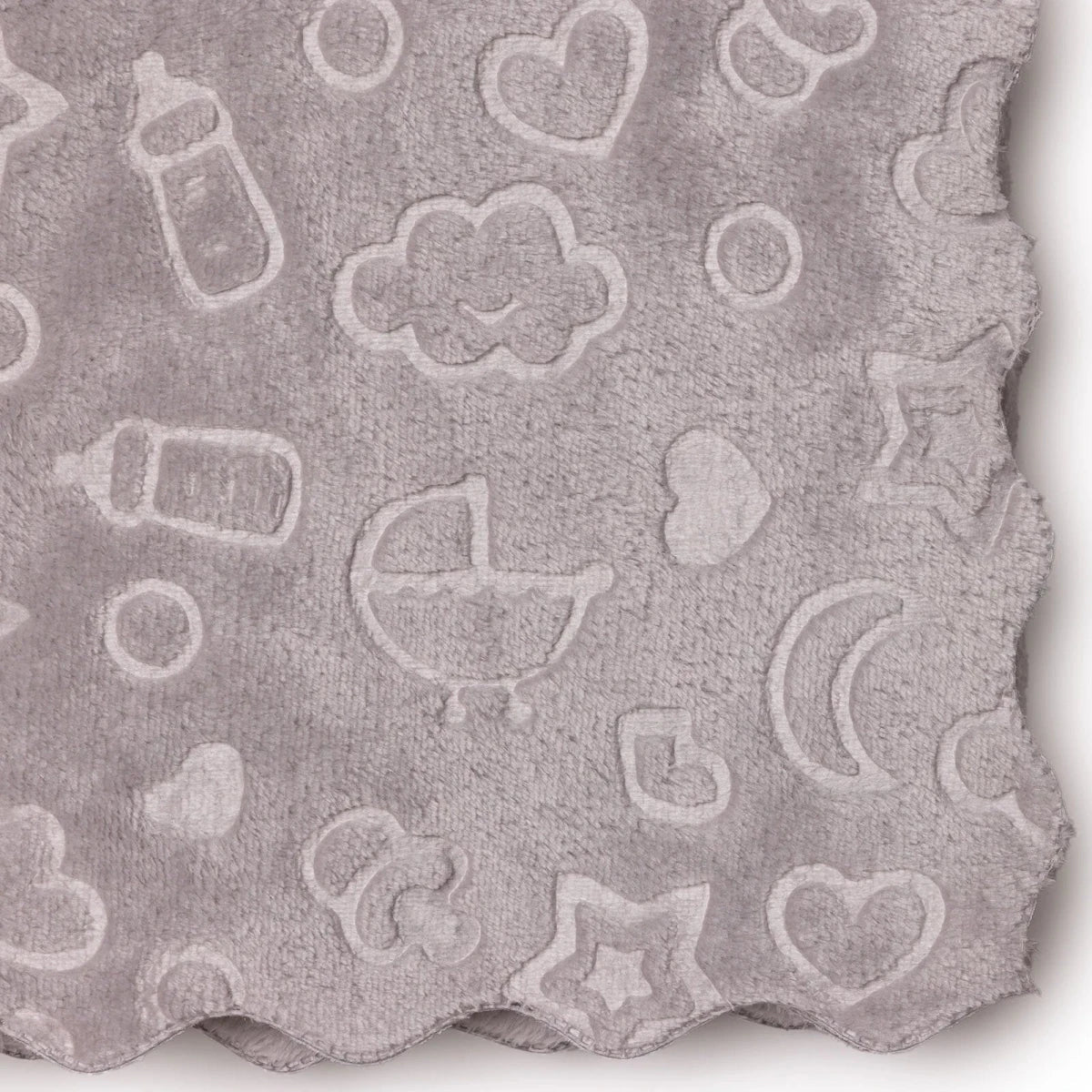Grey sky-themed printed baby blanket fabric with raised icons, soft fleece texture