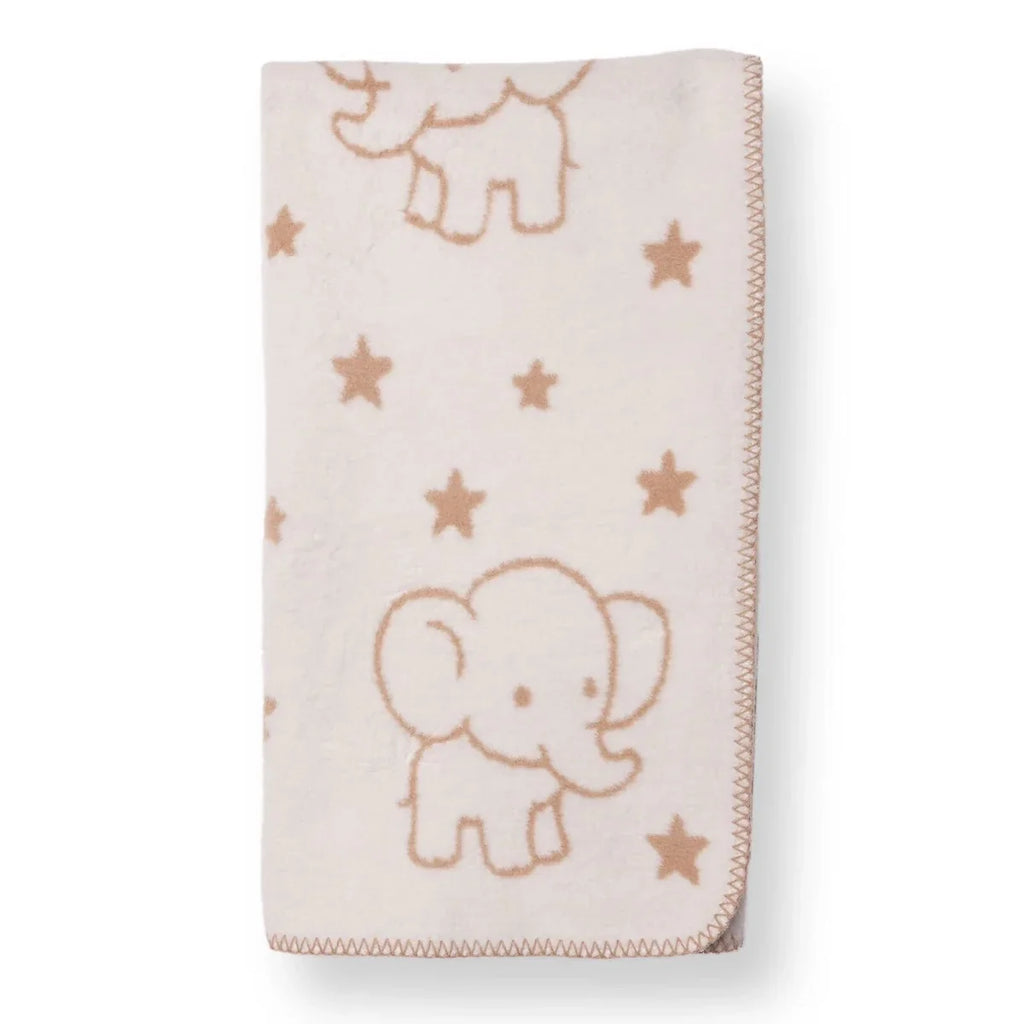 Light brown jacquard knit baby blanket with elephant and star motifs, stitched edge