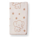 Light brown jacquard knit baby blanket with elephant and star motifs, stitched edge