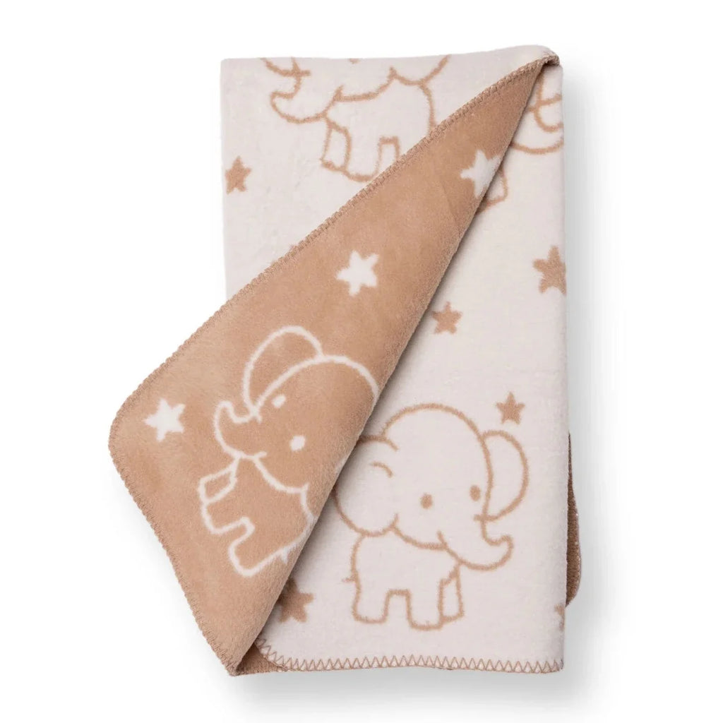 Light brown and cream jacquard knit baby blanket folded, showing elephant and star design
