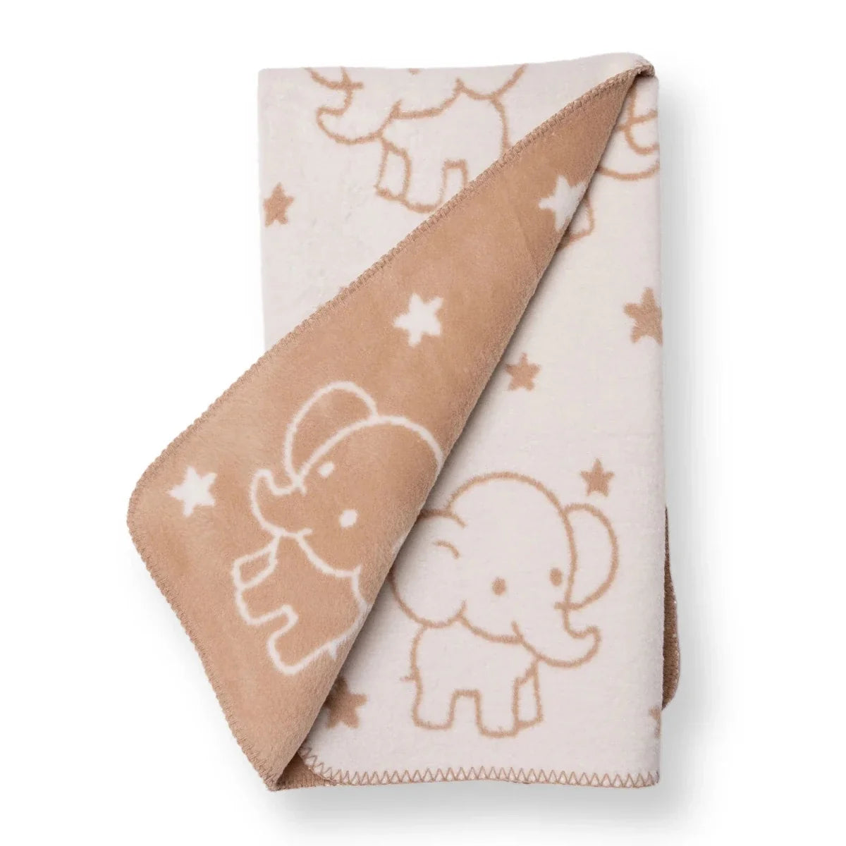 Light brown and cream jacquard knit baby blanket folded, showing elephant and star design