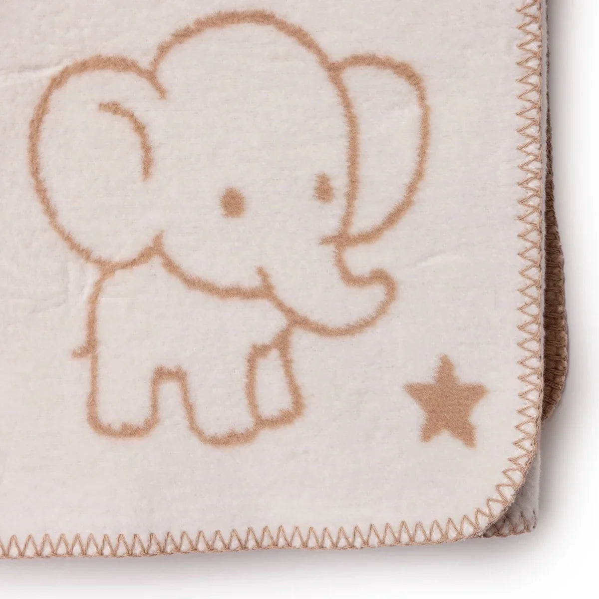 Cream jacquard knit baby blanket corner with elephant graphic, star accents, stitched border
