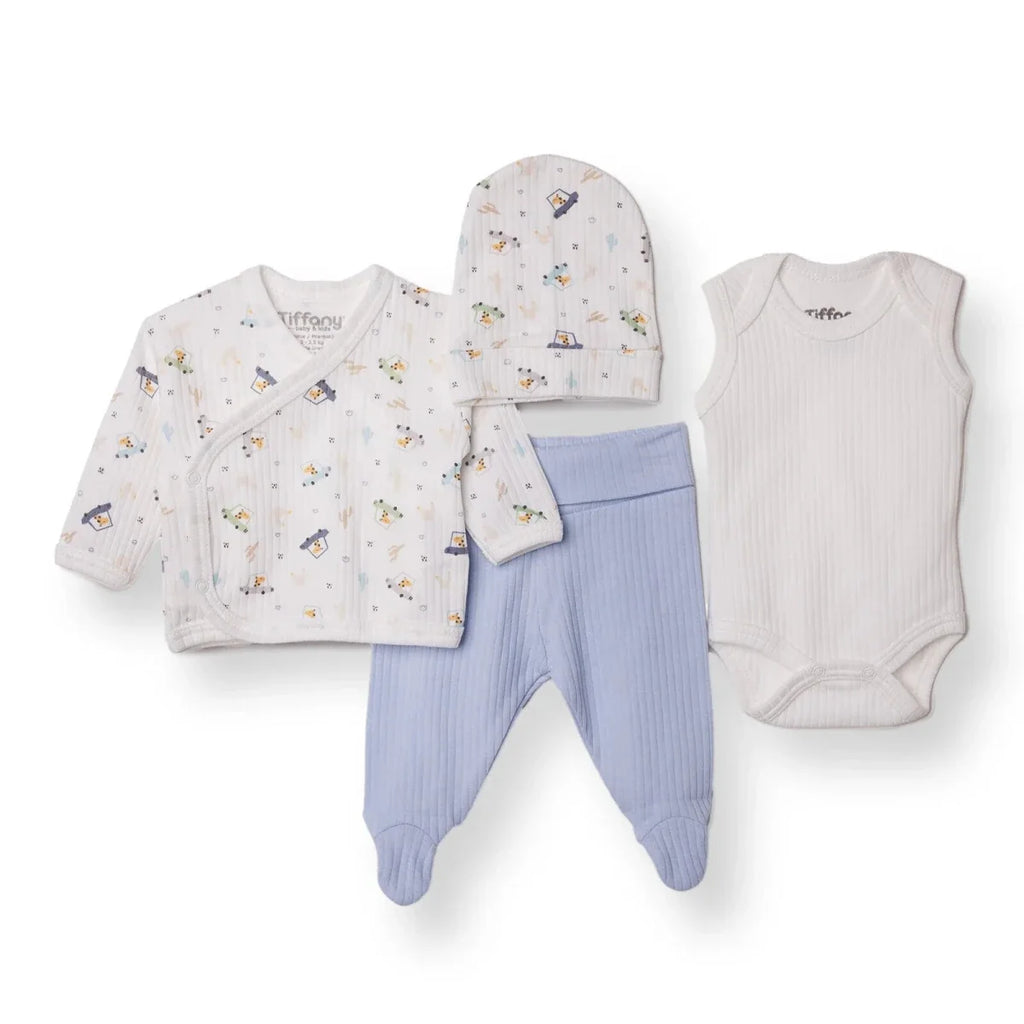 Premature baby clothing set with envelope-neck top, hat, bodysuit and light-blue pants