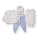 Premature baby clothing set with envelope-neck top, hat, bodysuit and light-blue pants