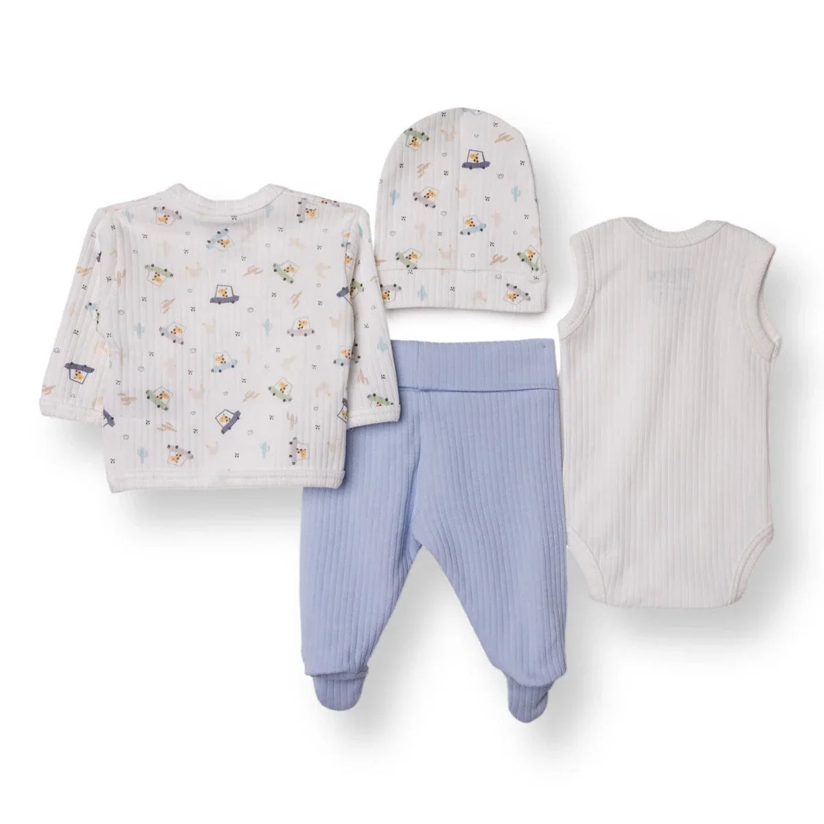 Premature baby set: printed wrap top, matching hat, ribbed white bodysuit and blue pants