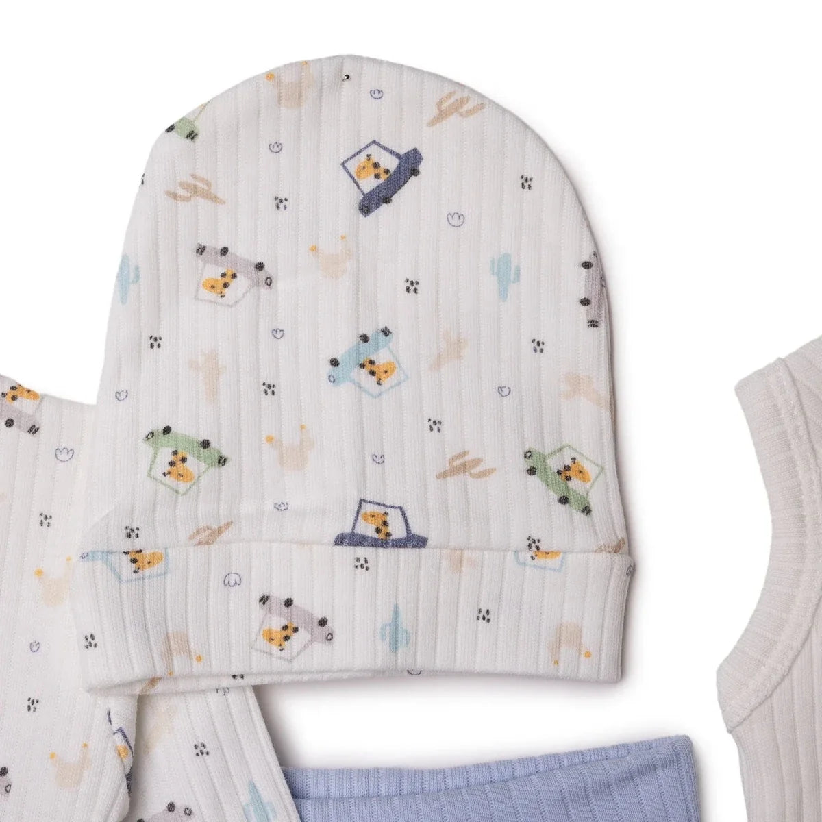 Ecru baby hat with small animal and robot print, matching the envelope-neck set