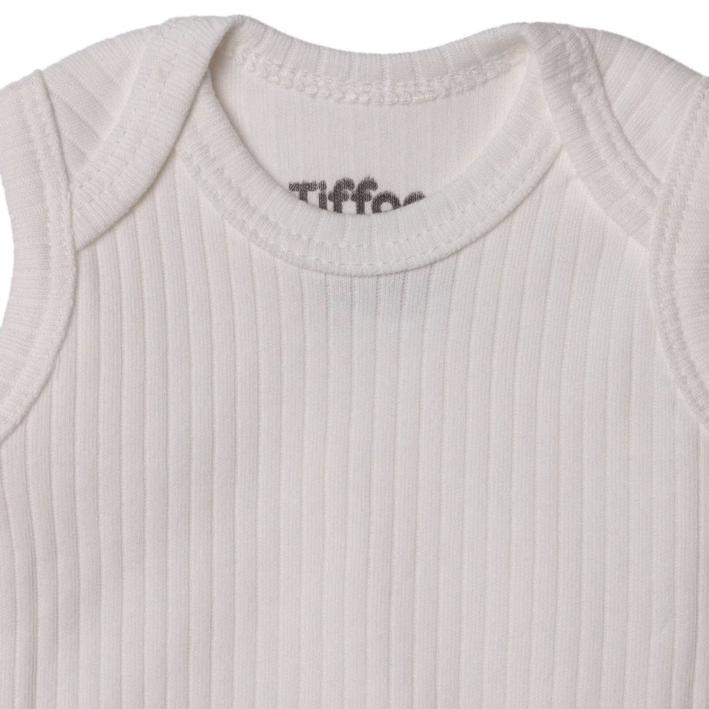 Ribbed white baby bodysuit with short sleeves and a round neckline