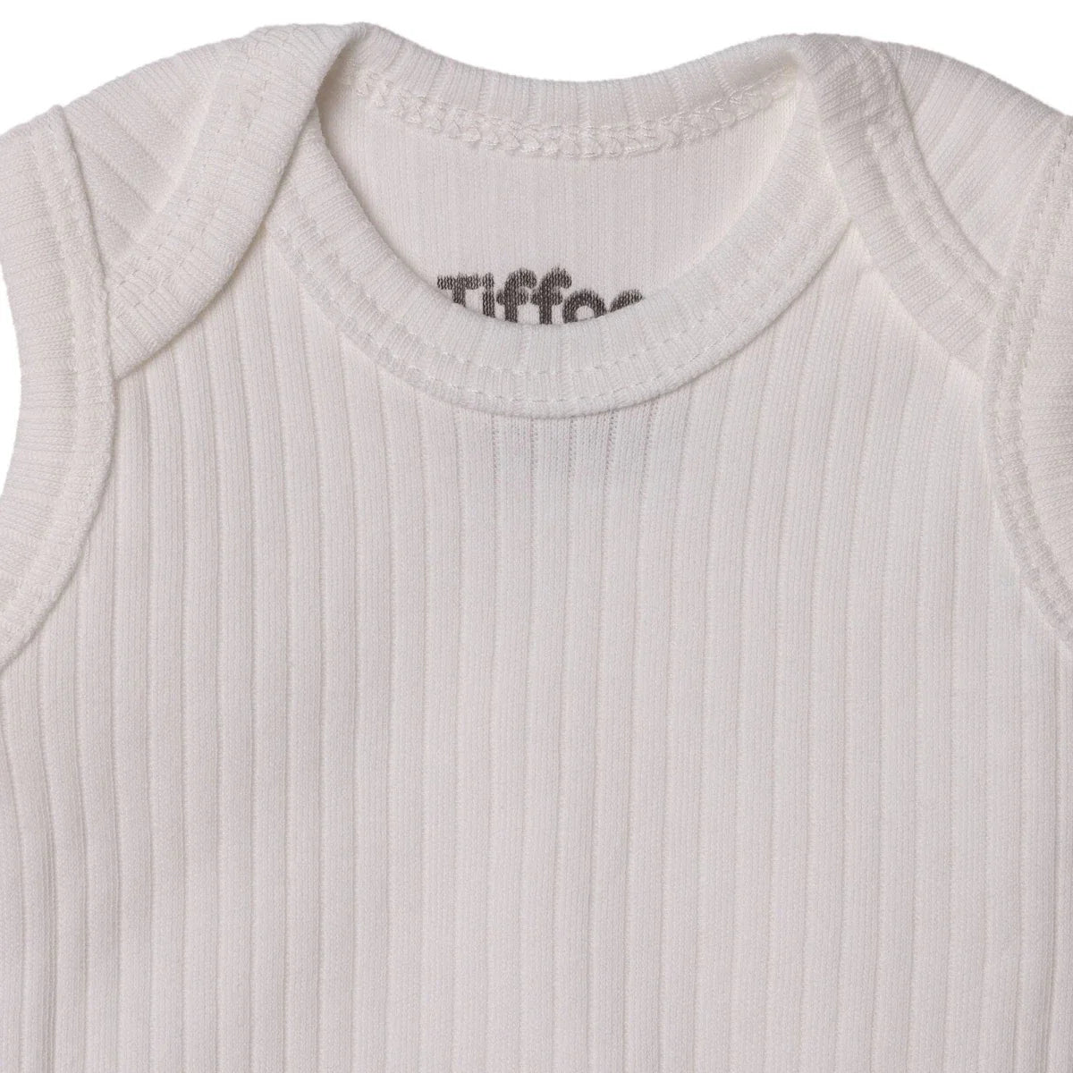Ribbed white baby bodysuit with short sleeves and a round neckline
