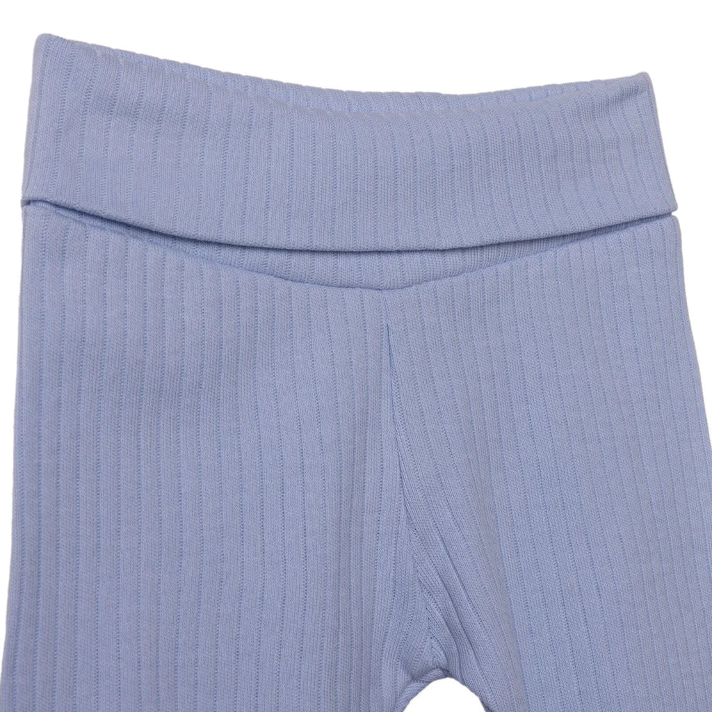 Light-blue baby pants with gathered waist and ribbed cuffs