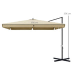Khaki four-position cantilever parasol showing canopy dimensions and tall black pole