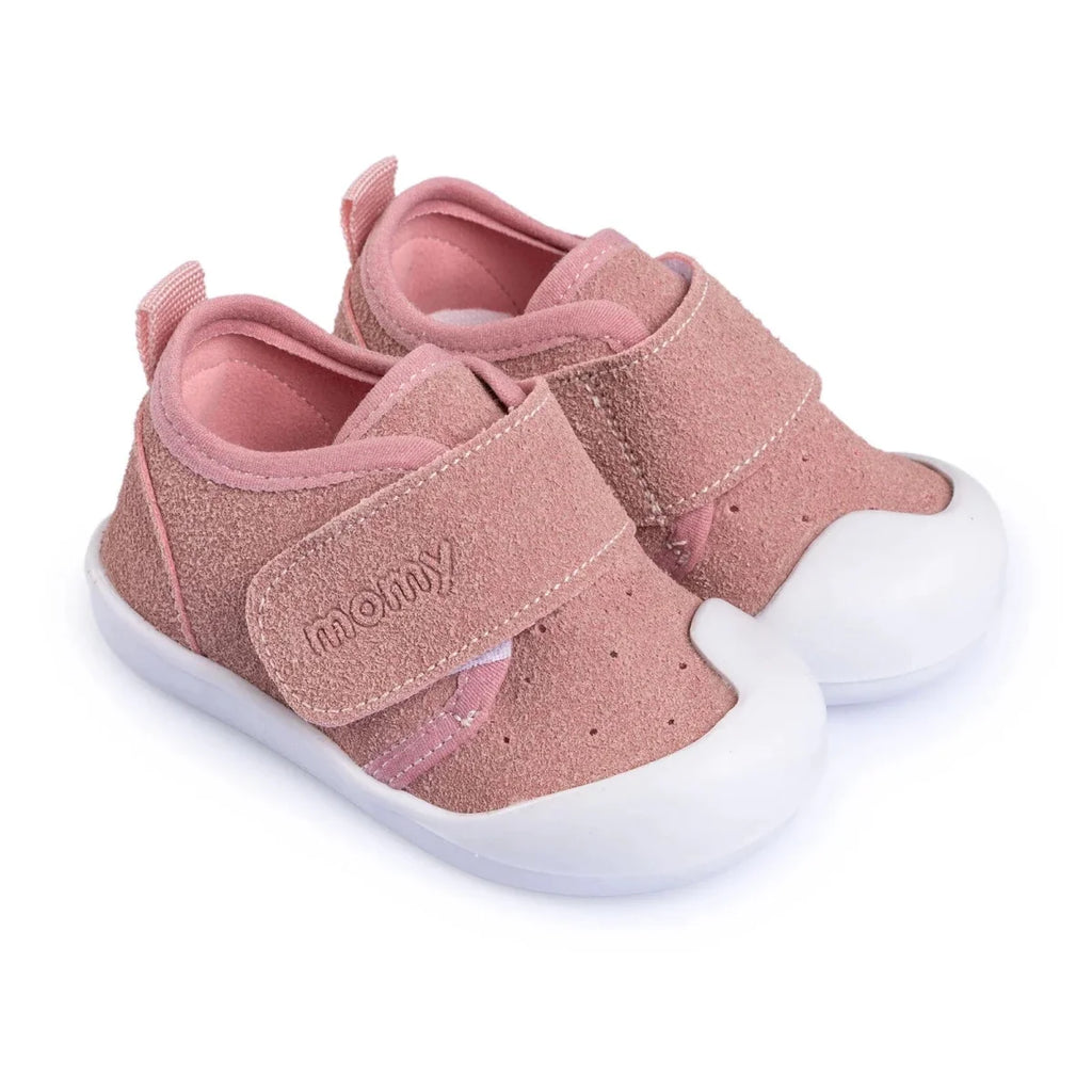 Pink faux leather first walker baby shoes with velcro strap and white rubber sole