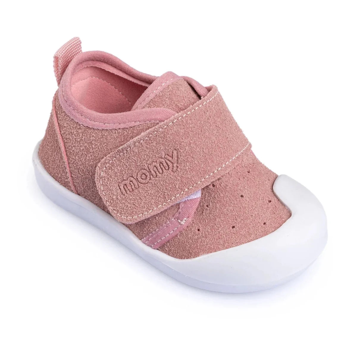 Pink baby first walker shoes with velcro closure and cushioned light pink lining