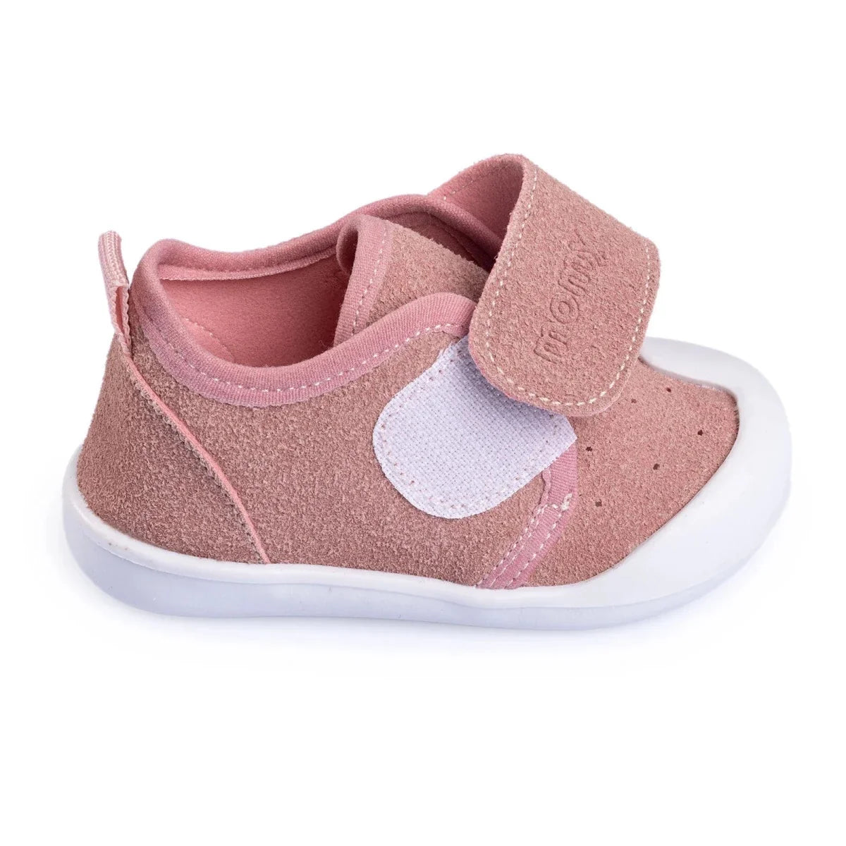 Pink faux leather first walker baby shoe with hook-and-loop strap and white sole