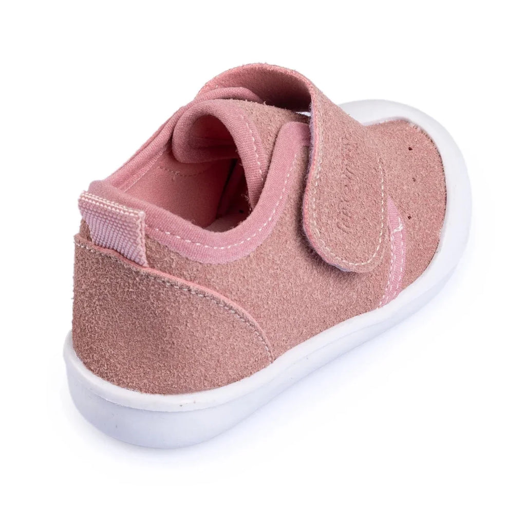Pink baby shoes with velcro strap, open collar, and white rubber outsole