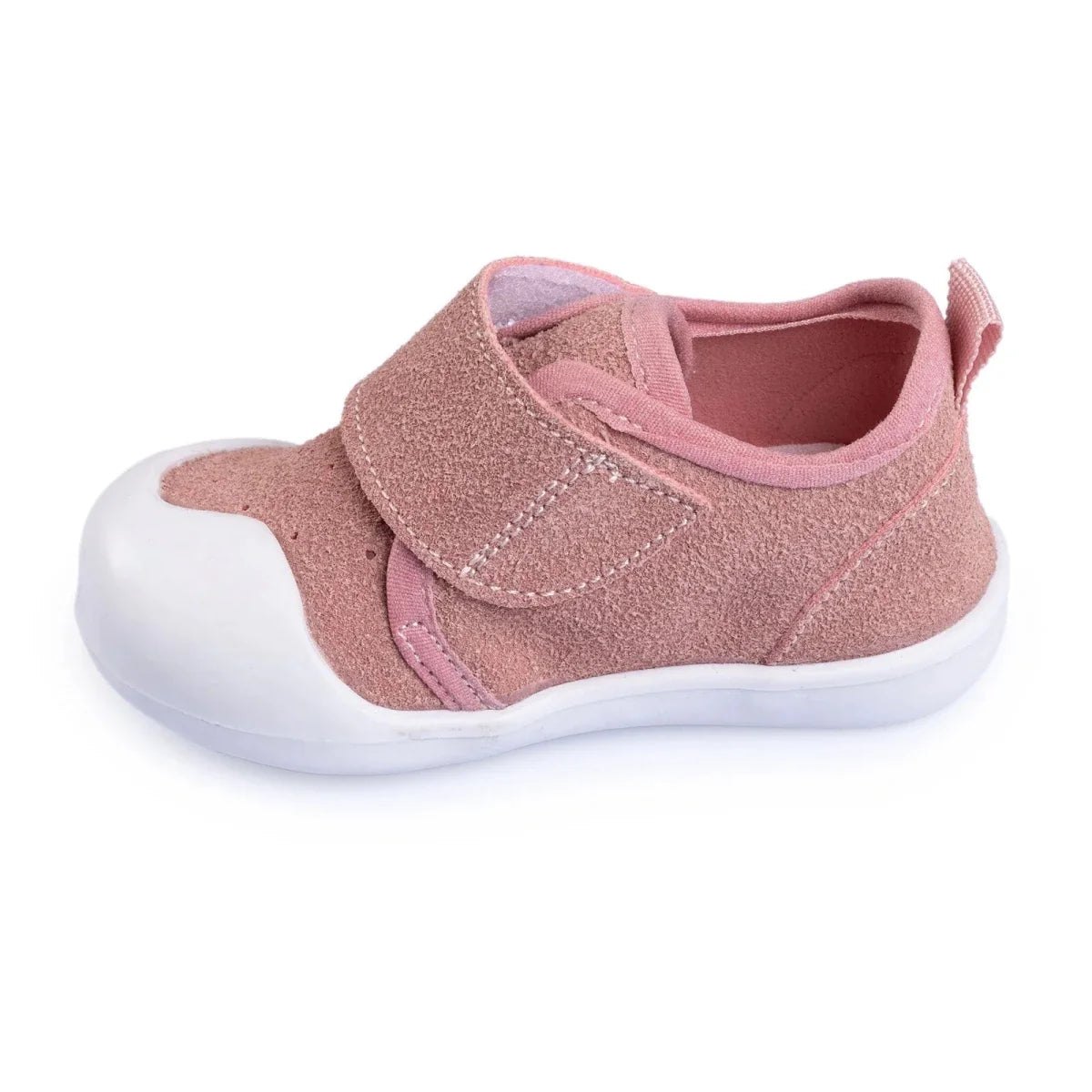 Pink baby first walker shoes with velcro strap, padded collar, and white grip sole