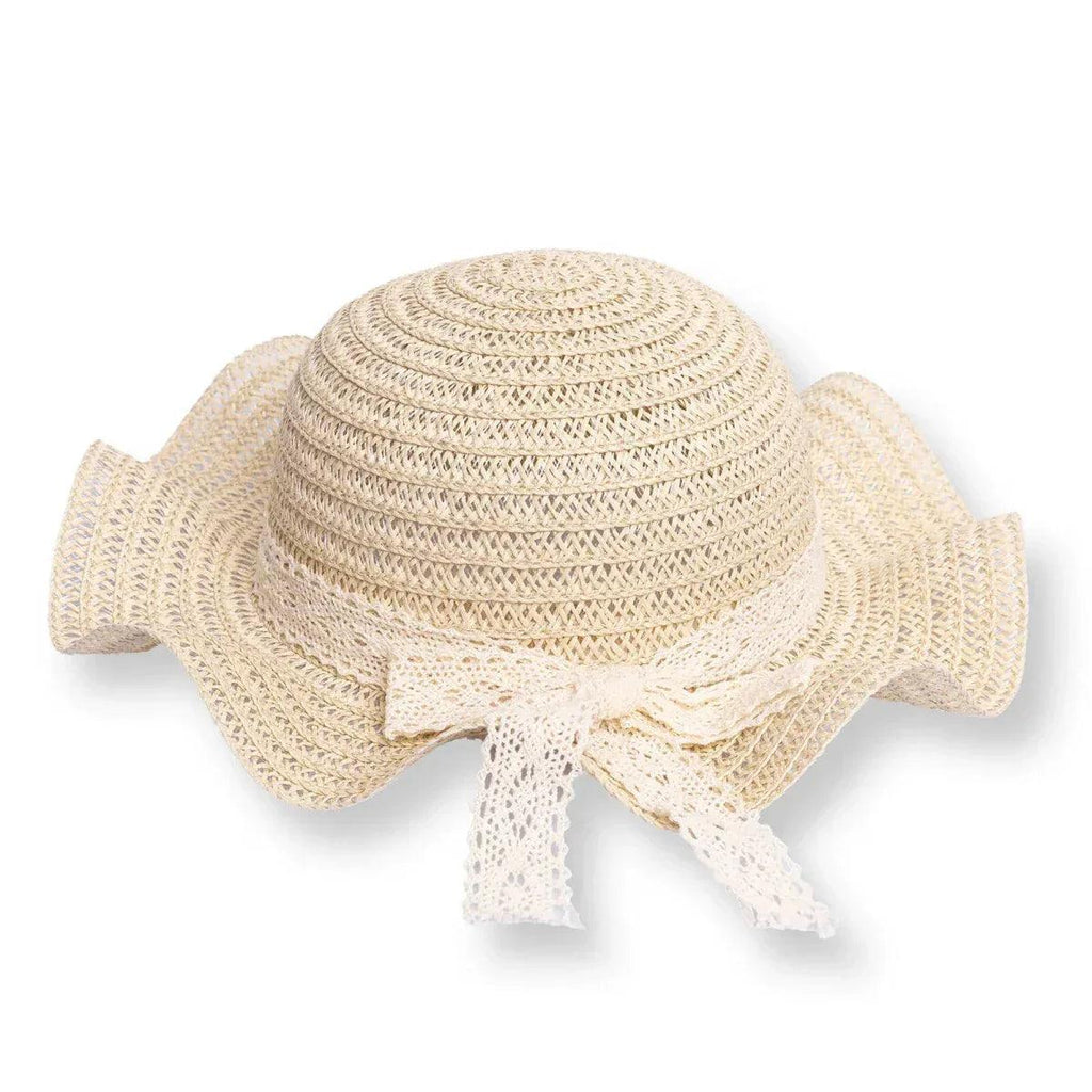 Ecru woven straw baby hat with wide brim and long ribbon ties