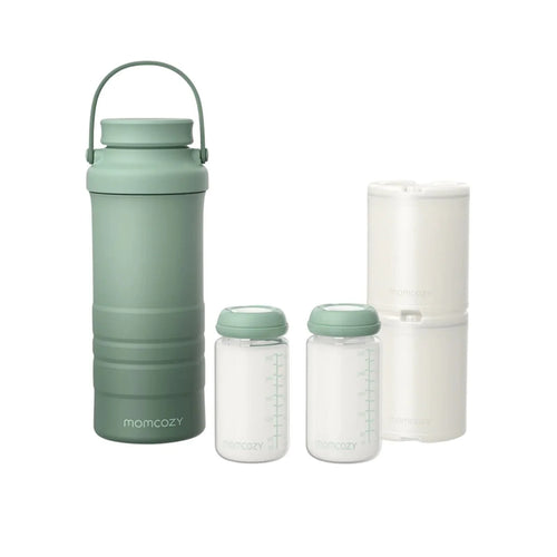 Mint green breast milk cooler with carry handle and lid, plus two capped storage bottles