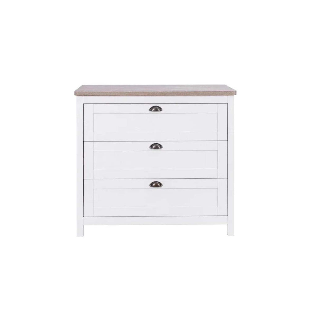 White baby chest changer with oak top and three drawers, bronze metal handles