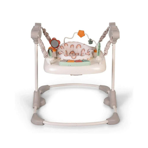 Baby activity jumper with gray frame, round base, and hanging rainbow toy bar