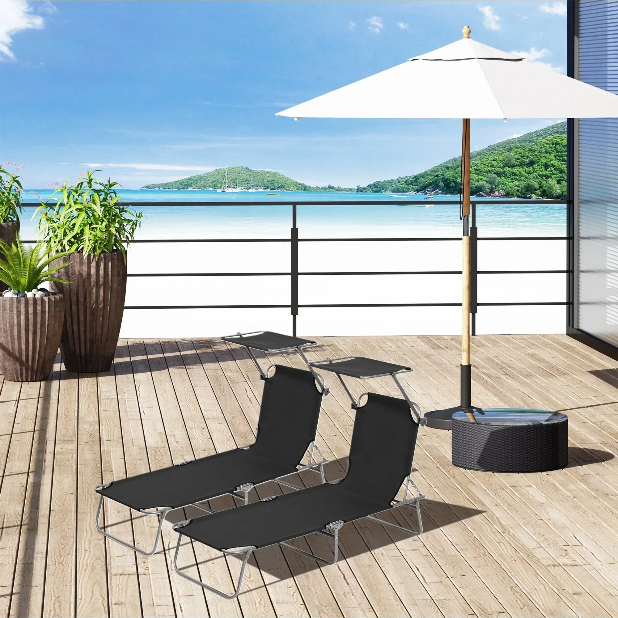 2 Pieces Outdoor Foldable Sun Lounger, 4 Level Adjustable Backrest Reclining Sun Lounger Chair with Angle Adjust Sun Shade Awning for Beach, Garden, Patio, Black - Bobobiy
