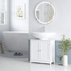 White under-sink bathroom cabinet with two doors beneath a basin, simple panel design