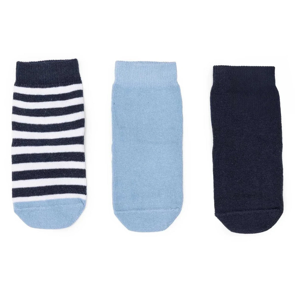 Boys non-slip socks, pack of 3: navy-and-white striped, light blue solid, dark navy solid