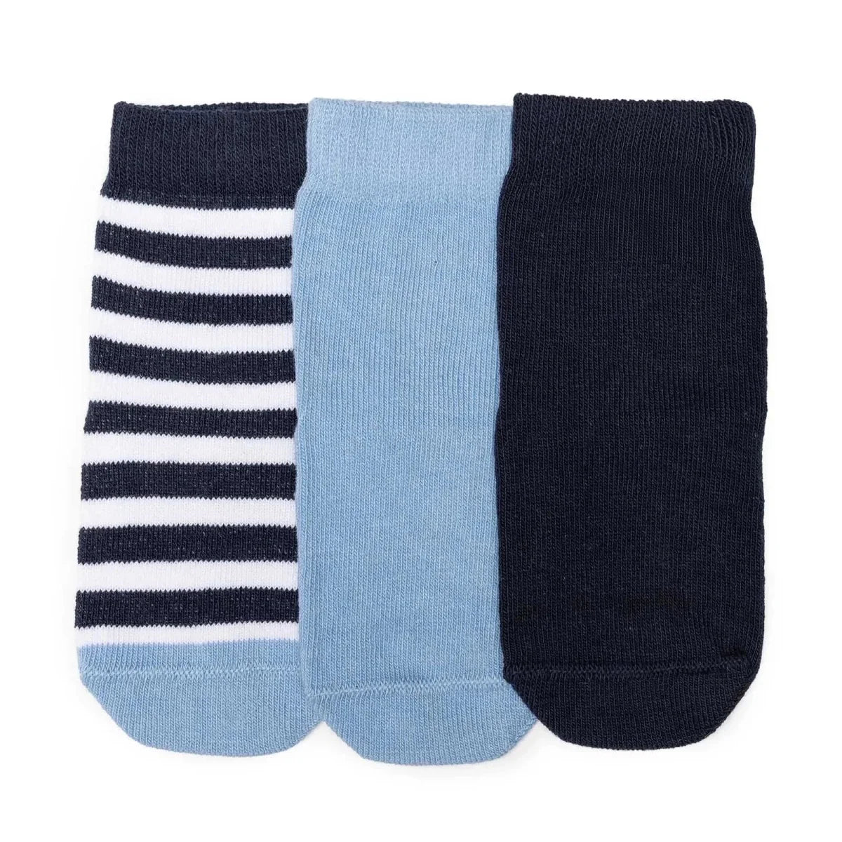 Boys non-slip socks pack of 3: striped navy-white, light blue solid, dark navy solid