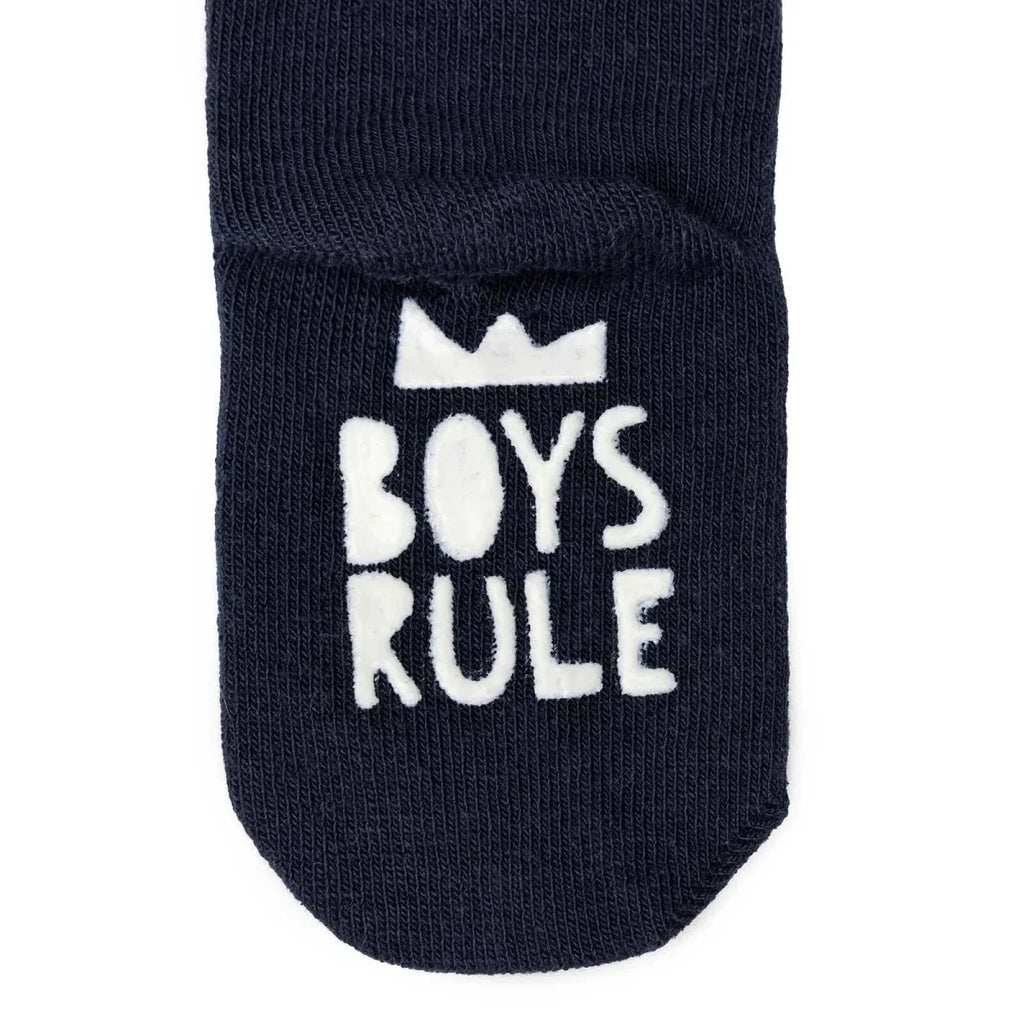 Boys non-slip socks: dark navy with “BOYS RULE” graphic