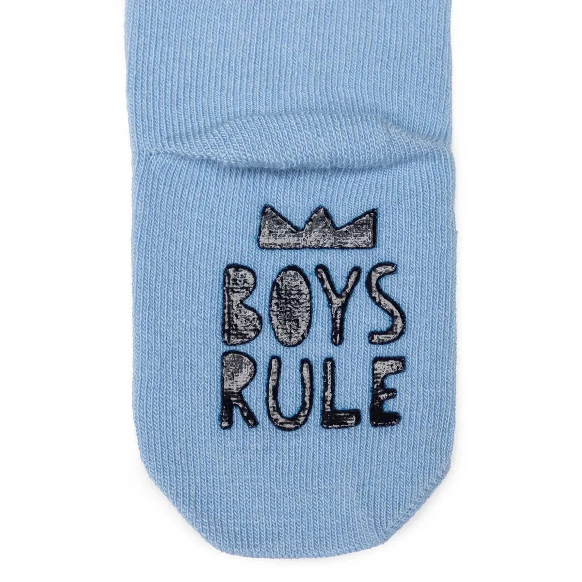 Boys non-slip socks: light blue with “BOYS RULE” graphic