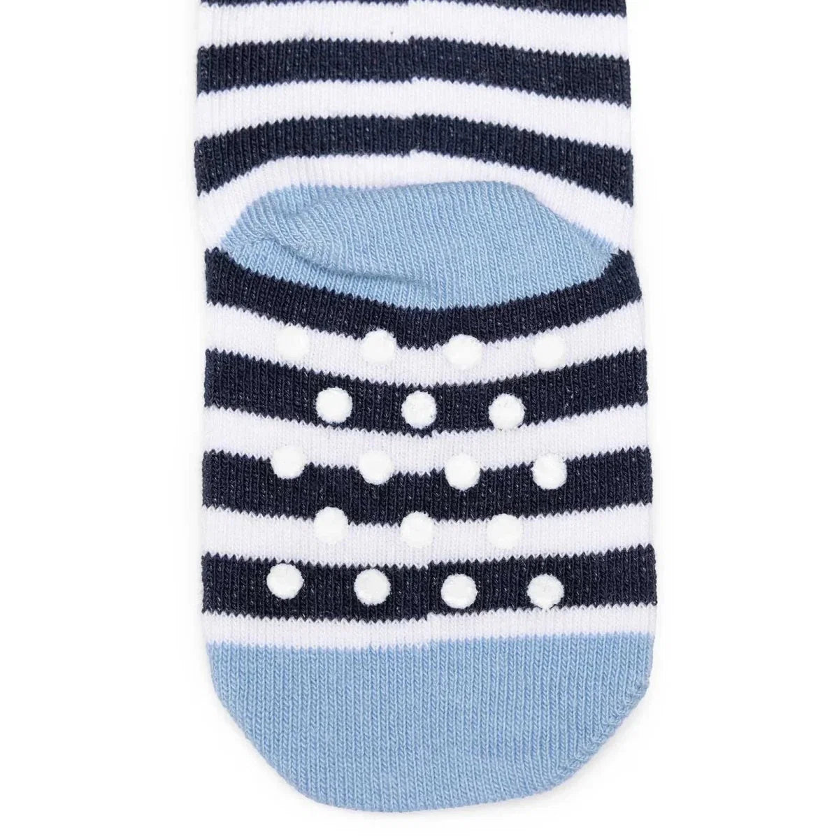 Boys non-slip socks: navy-and-white stripes with dotted pattern on light blue cuff