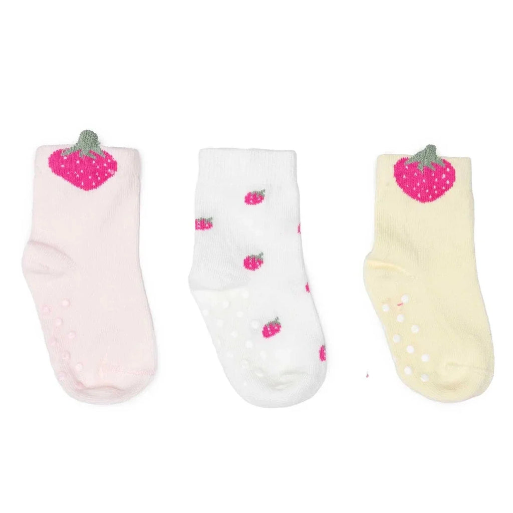 Girls non-slip socks set of 3: pink, white, and cream with pink strawberry prints.
