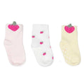 Girls non-slip socks set of 3: pink, white, and cream with pink strawberry prints.