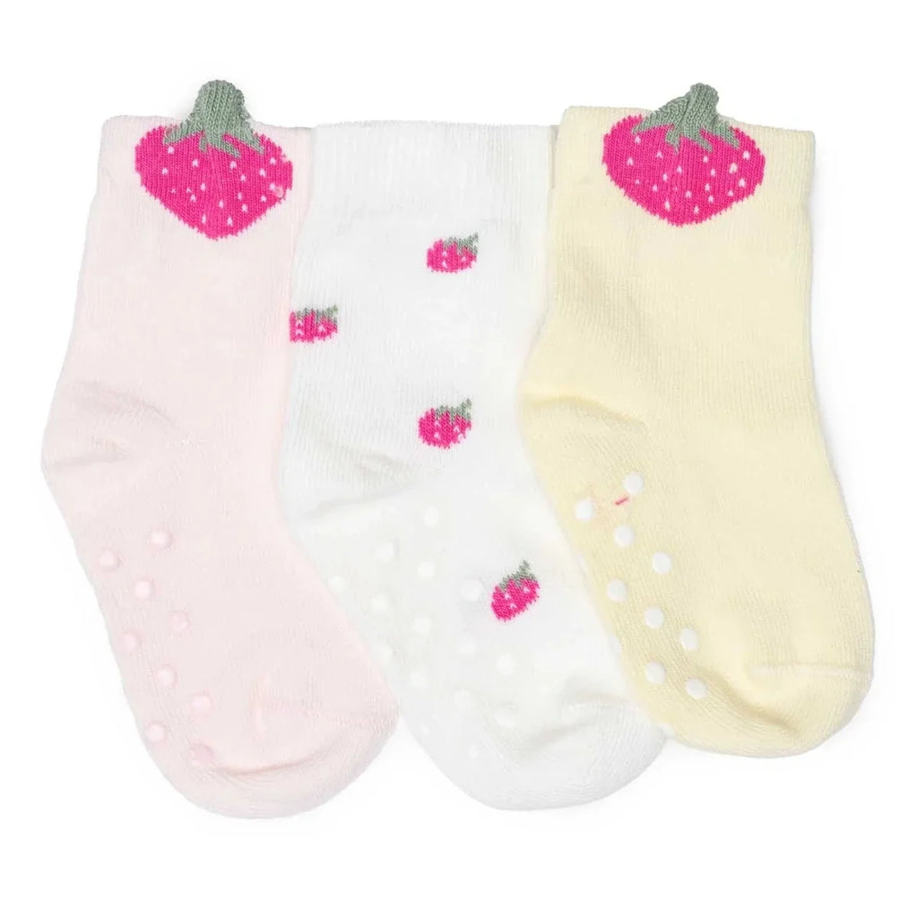 Set of 3 girls non-slip socks, pink white and cream, all with strawberry prints.