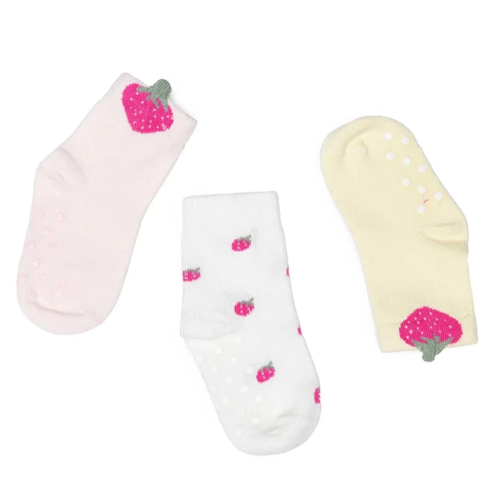 Girls non-slip sock set of 3 in pink, white, and cream with strawberry graphics.