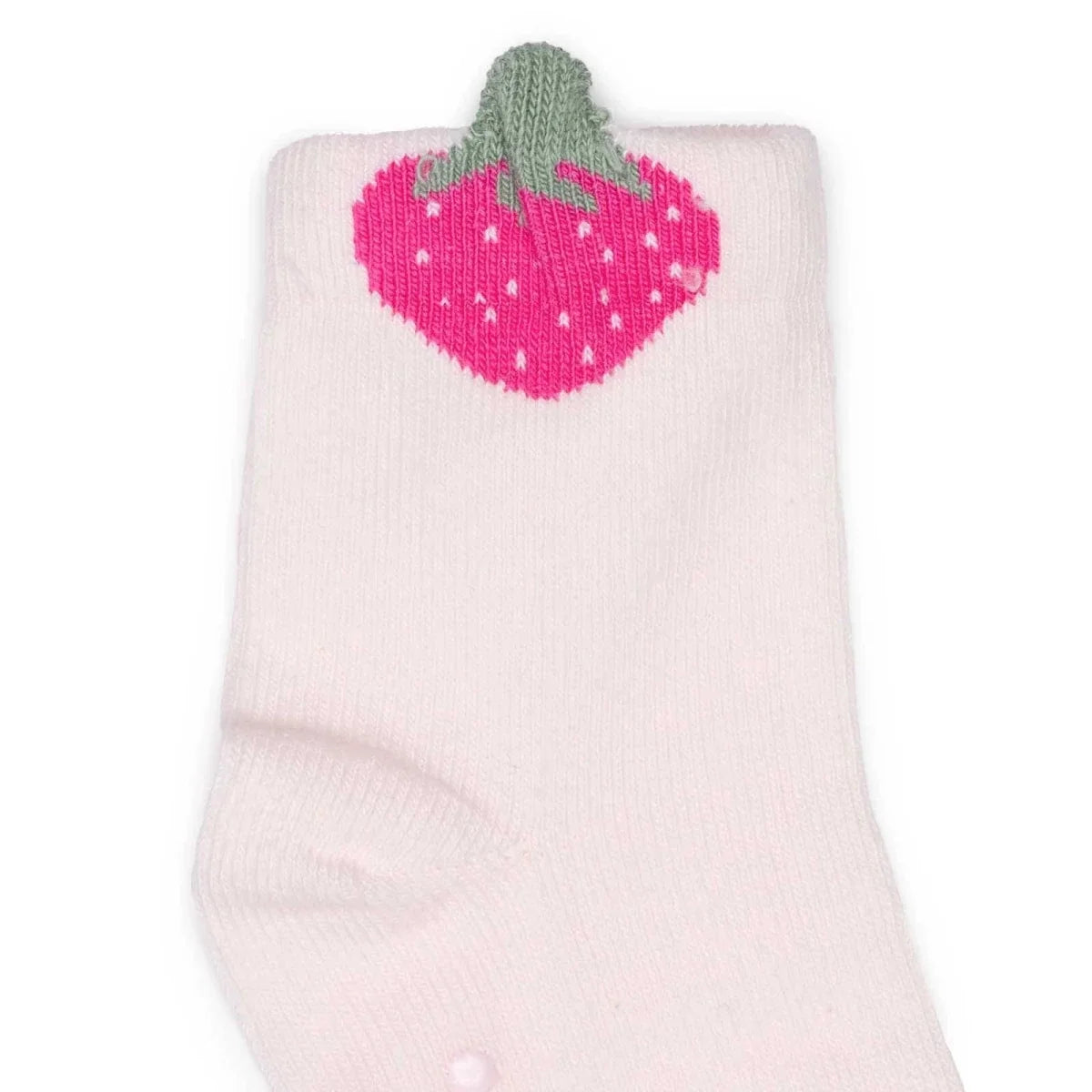 Pink girls non-slip sock with ribbed gray cuff and large strawberry graphic on top.