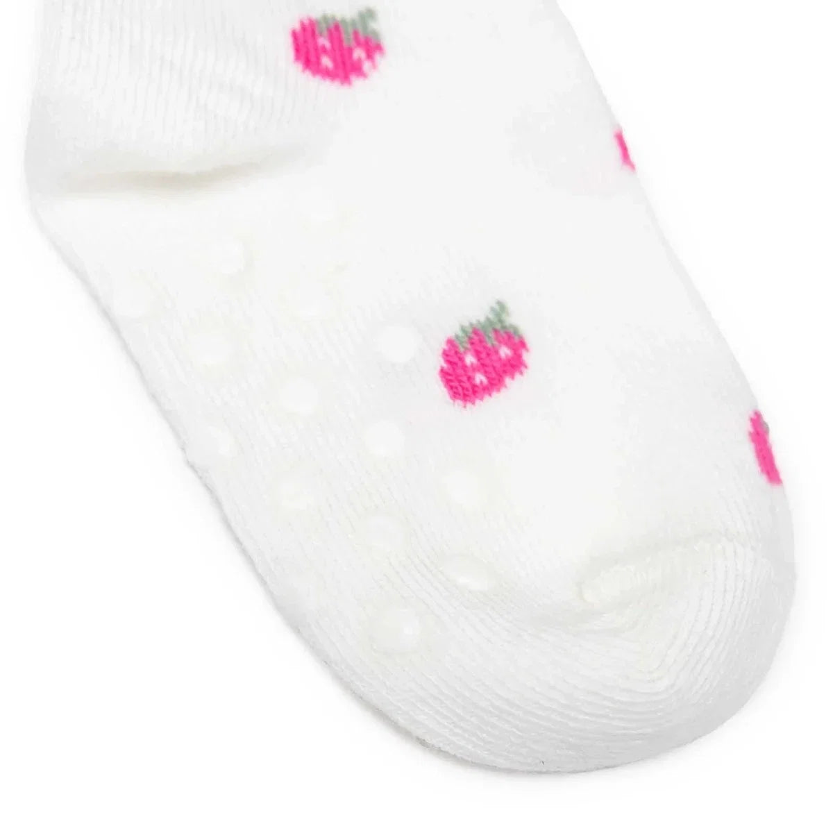 White girls non-slip sock with pink strawberry prints on foot and heel.