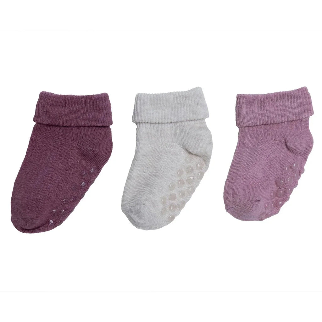 3-pack baby socks: dark purple, white, and light purple with dot pattern toes