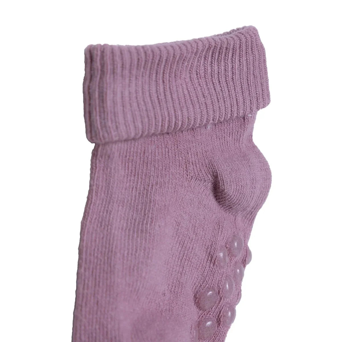 Light purple roll-top baby sock with ribbed cuff and dot detail on the toe