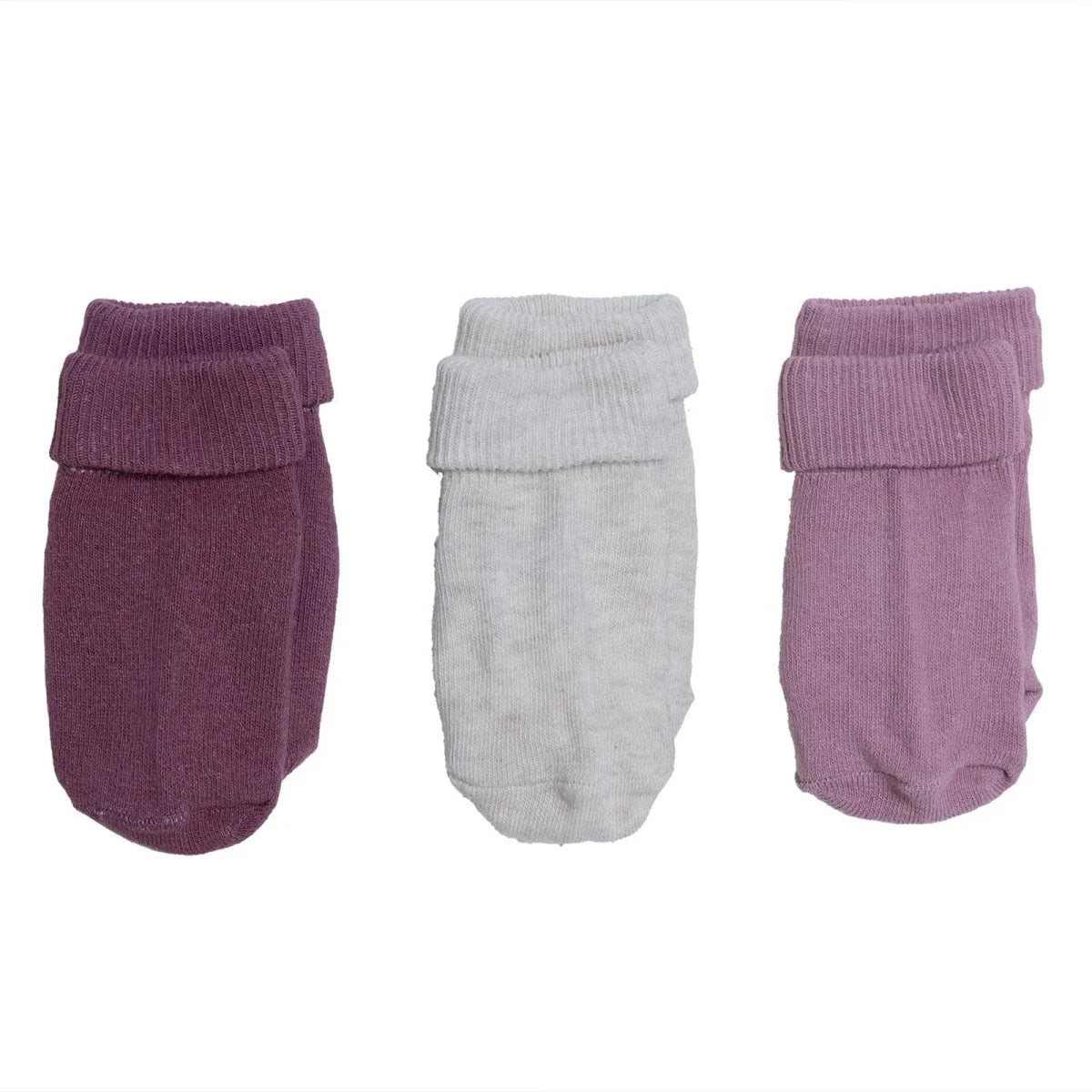 3-pack roll-top baby socks in dark purple, white, and light purple with dot toes