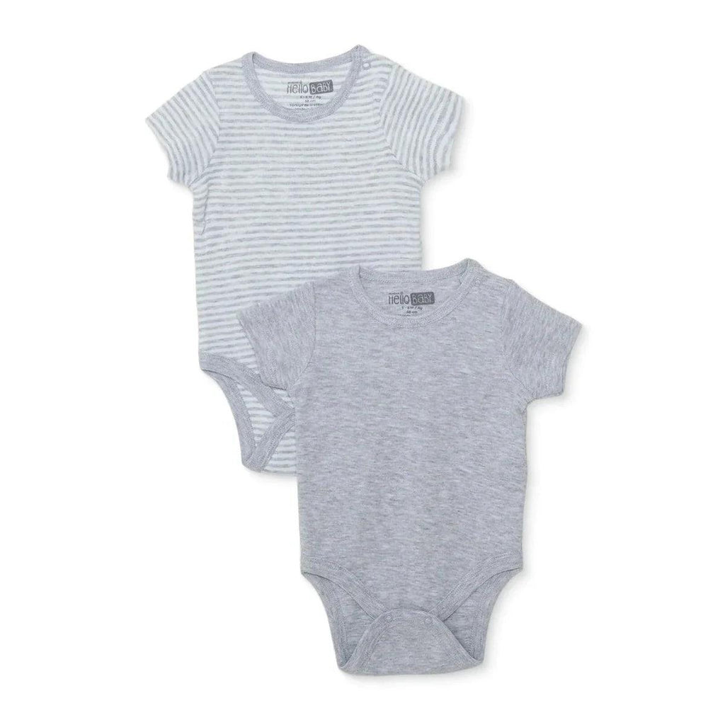 Set of two grey short-sleeve baby bodysuits: striped and solid, snap crotch