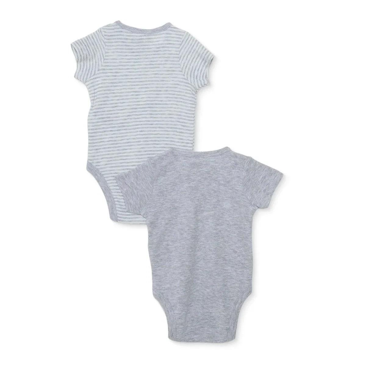Two-pack grey baby bodysuits: one striped short sleeve, one solid short sleeve