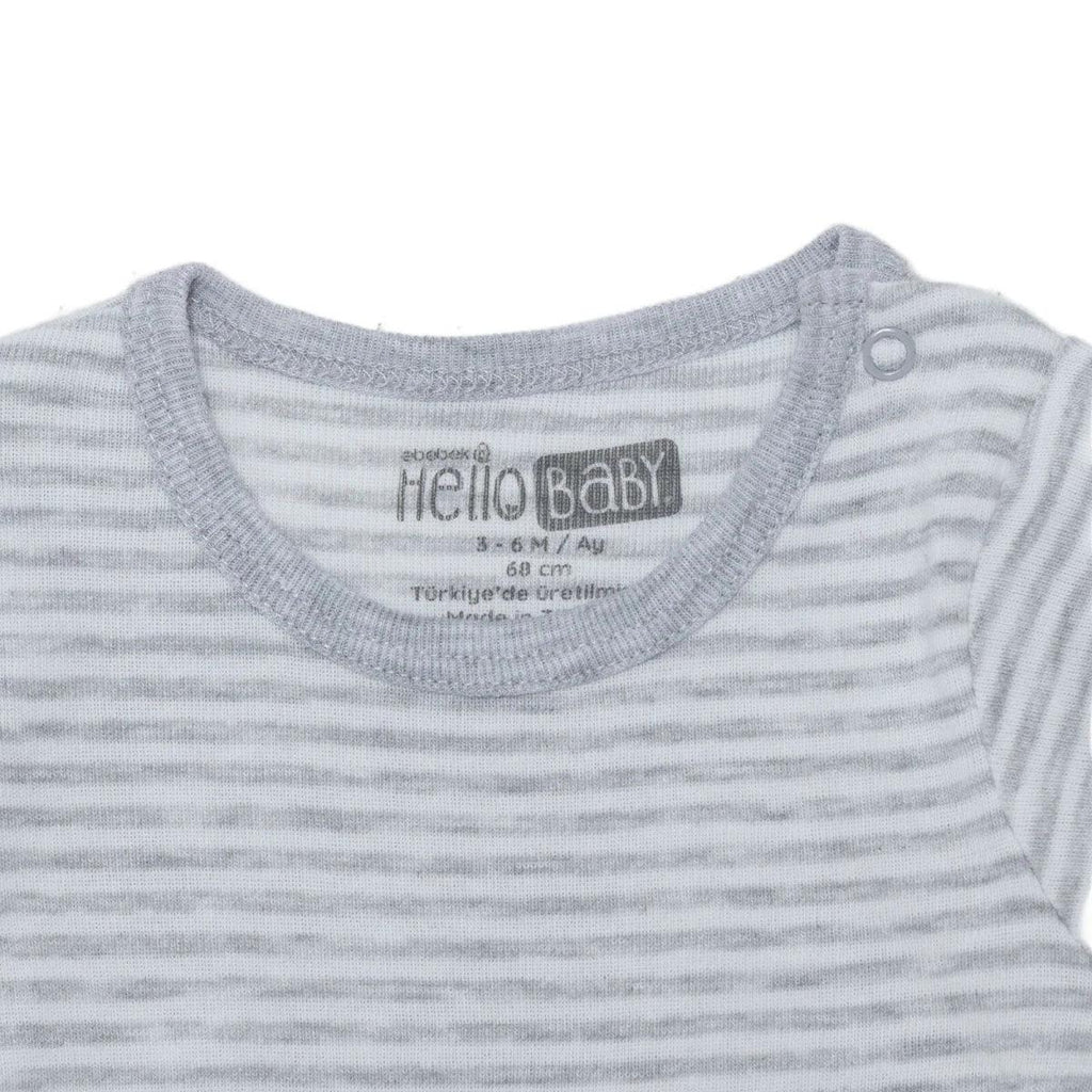 Striped grey short-sleeve baby bodysuit with HelloBaby logo at crew neck