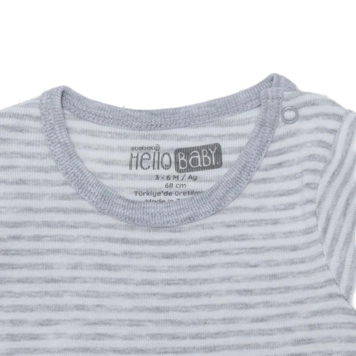 Striped grey short-sleeve baby bodysuit with HelloBaby logo at crew neck