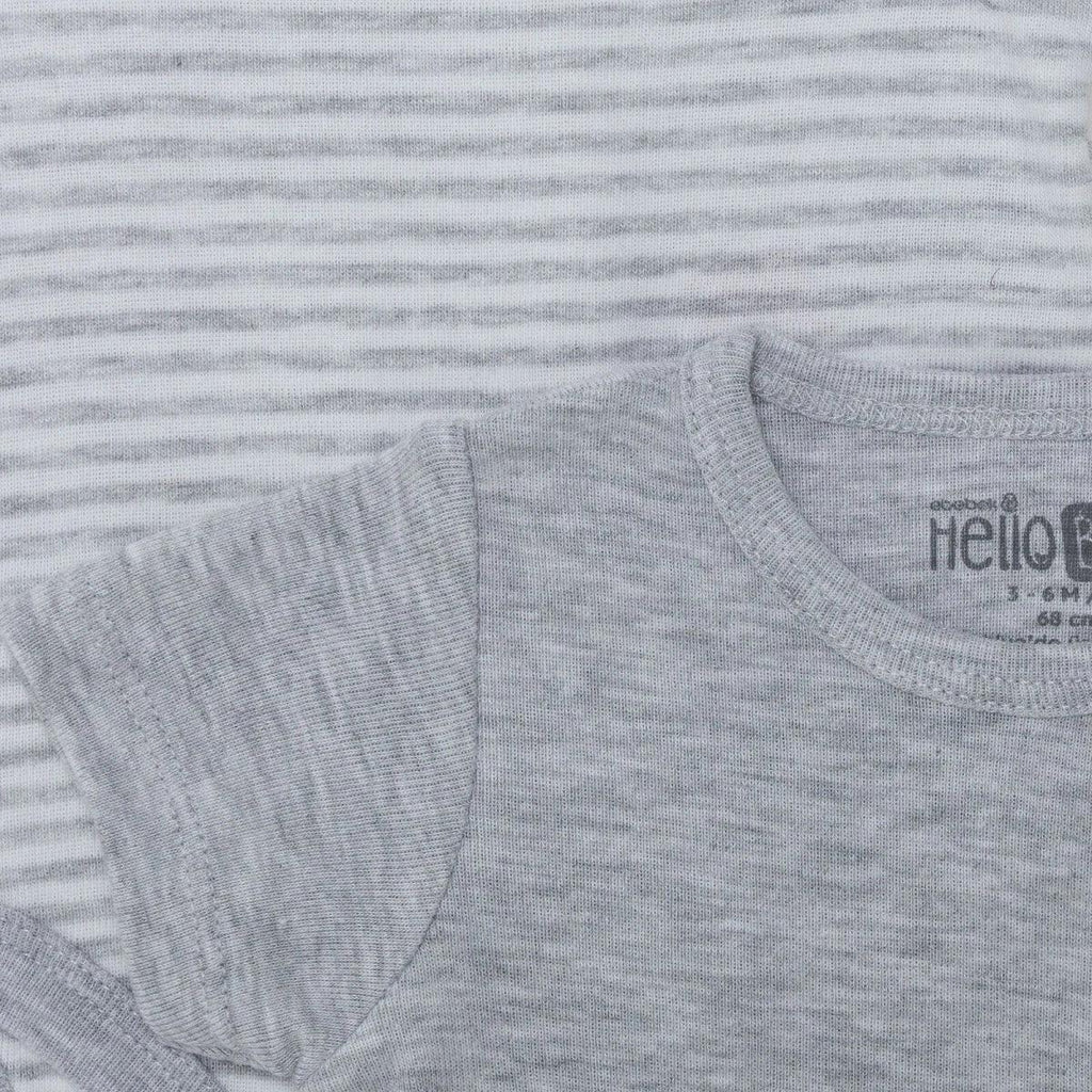 Solid grey short-sleeve baby bodysuit with HelloBaby logo on crew neckline