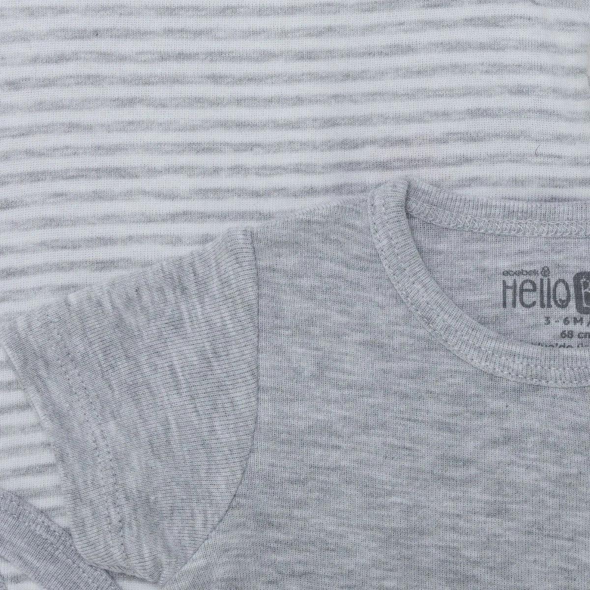 Solid grey short-sleeve baby bodysuit with HelloBaby logo on crew neckline