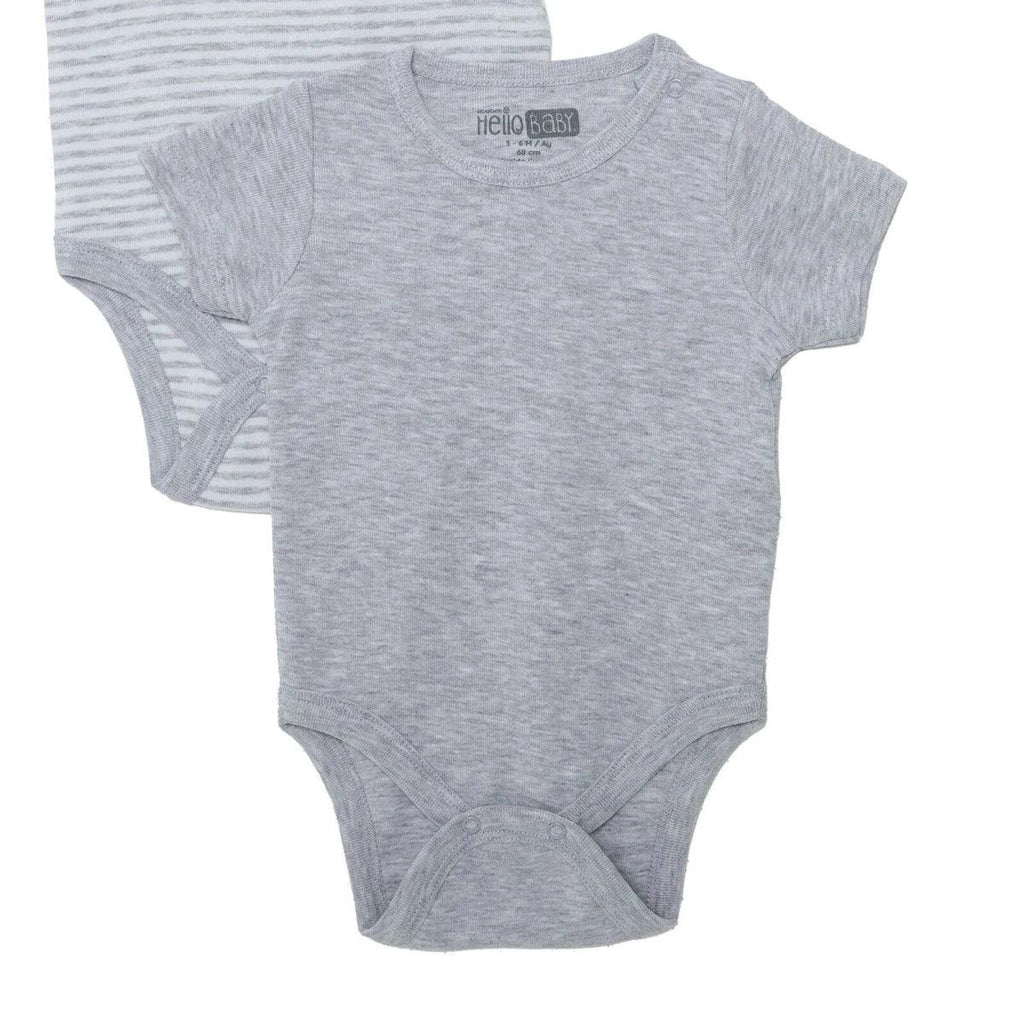 Two-pack grey short-sleeve baby bodysuits: solid and striped with snap closure