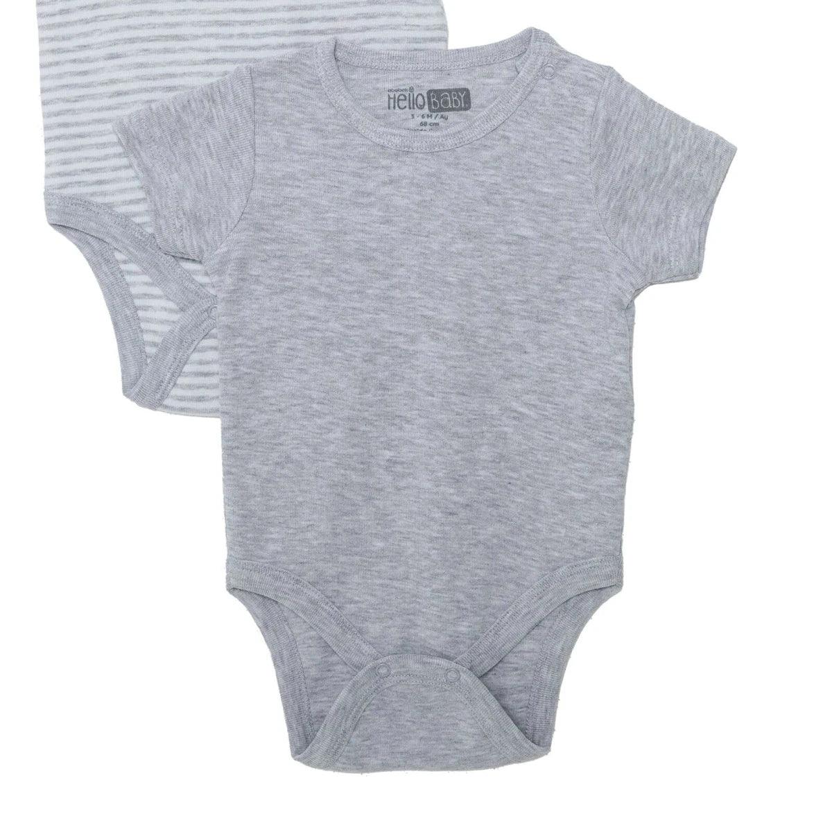 Two-pack grey short-sleeve baby bodysuits: solid and striped with snap closure