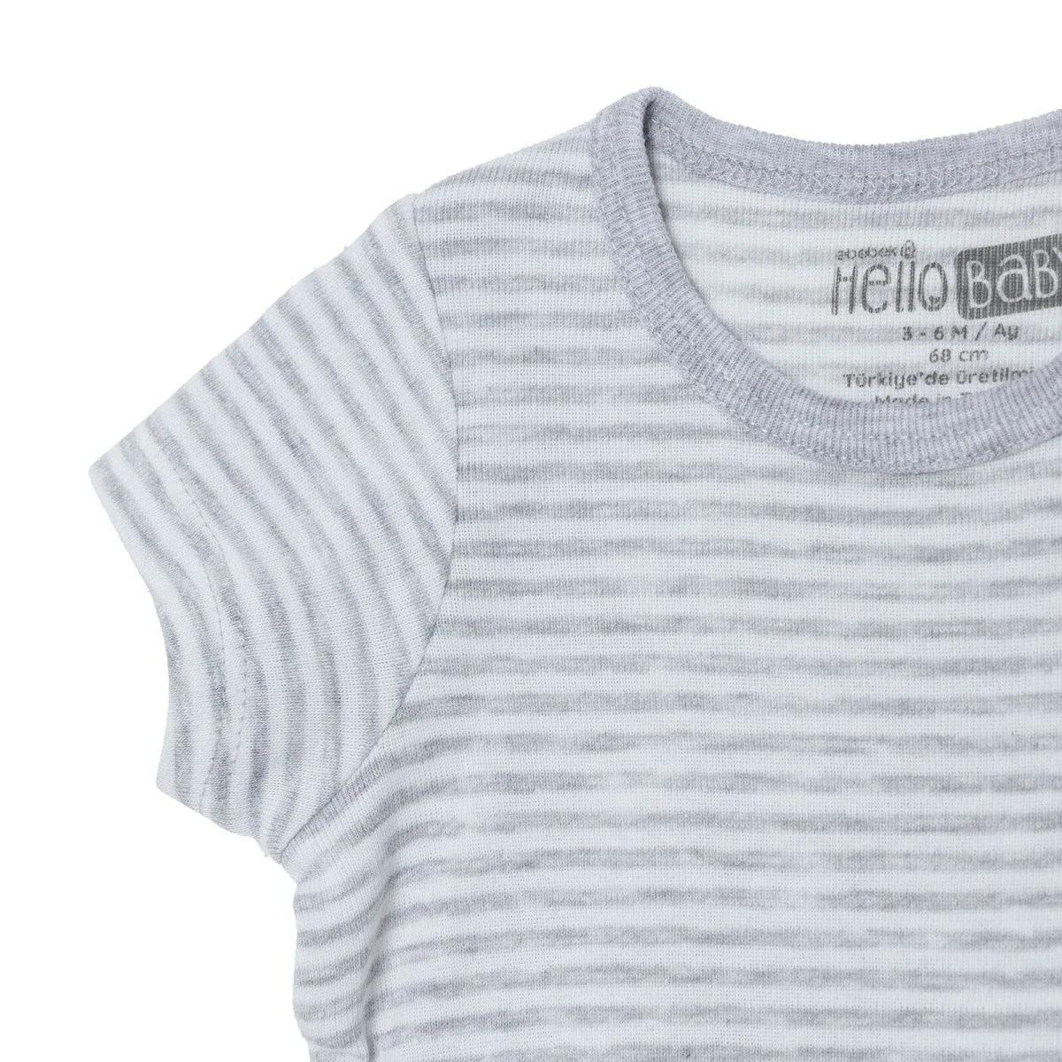 Striped grey short-sleeve baby bodysuit with HelloBaby label at crew neck