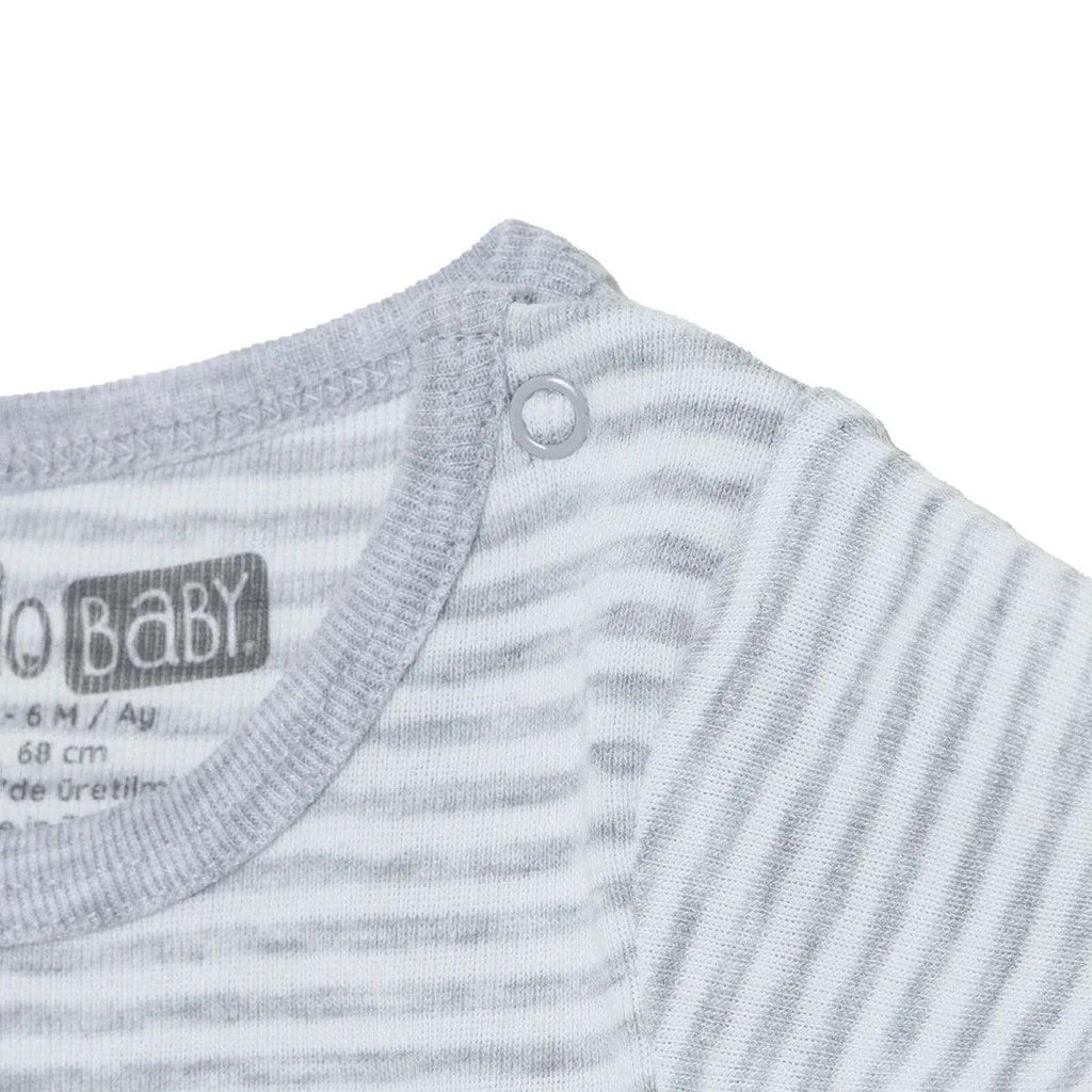 Striped grey short-sleeve baby bodysuit with round shoulder snap closure